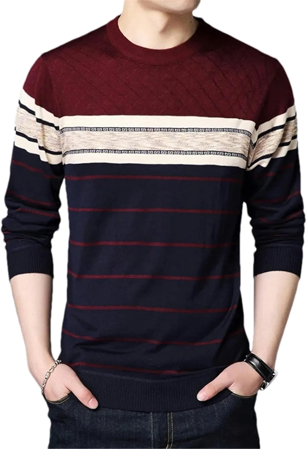 

Мужской свитер в полоску с длинными рукавами и круглым вырезом GaoLeAve