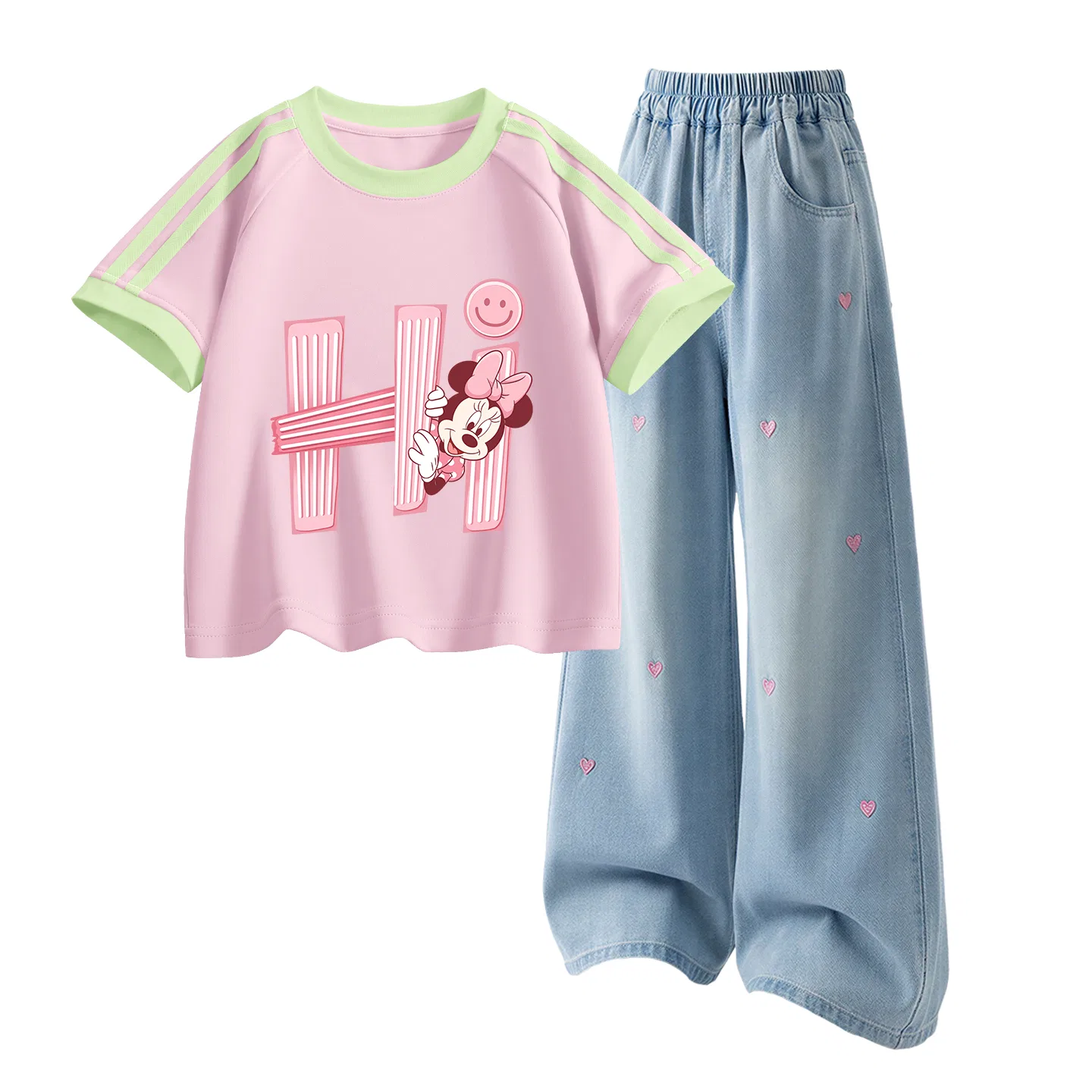 Детская повседневная спортивная футболка с круглым вырезом Disney, Dihenei Mousse Pink+Solid Color Denim Light Blue
