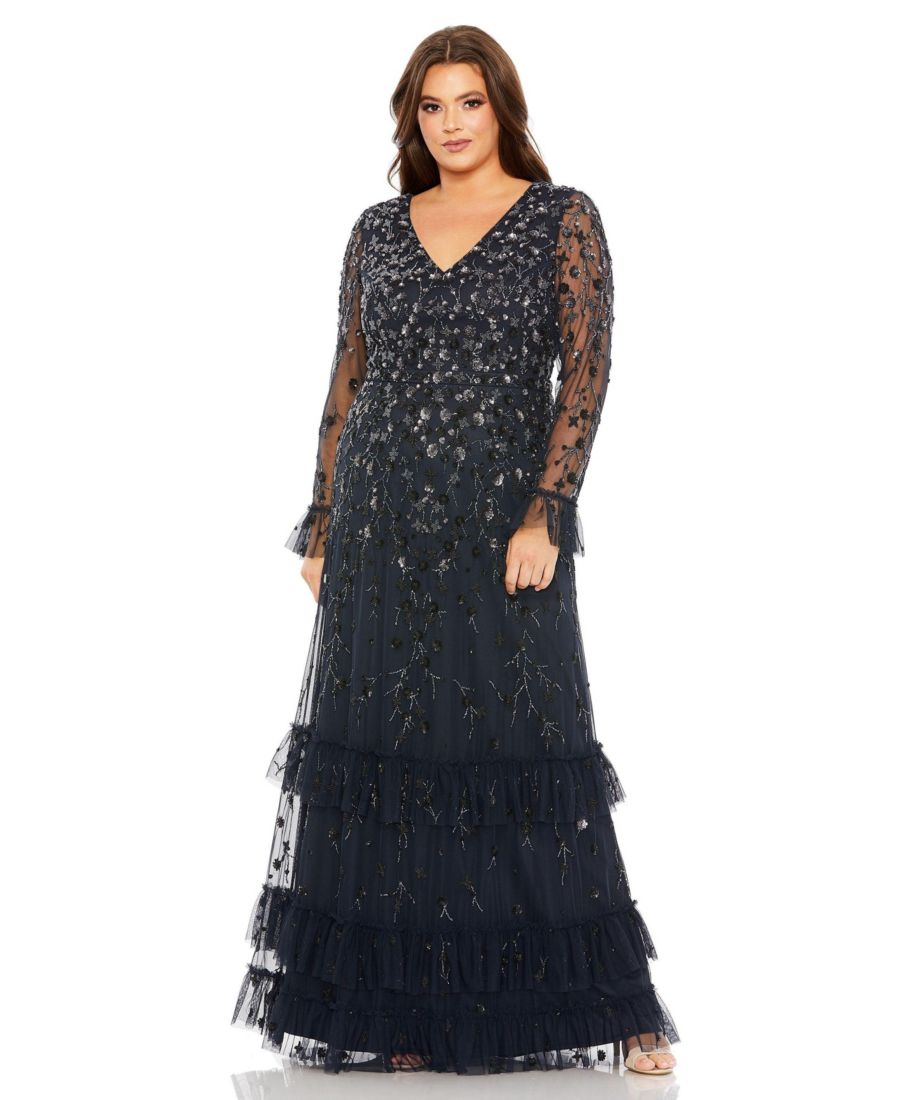 

Женское длинное вечернее платье с V-образным вырезом и декором, с расклешенными рукавами и в стиле усталое платье Mac Duggal, Midnight