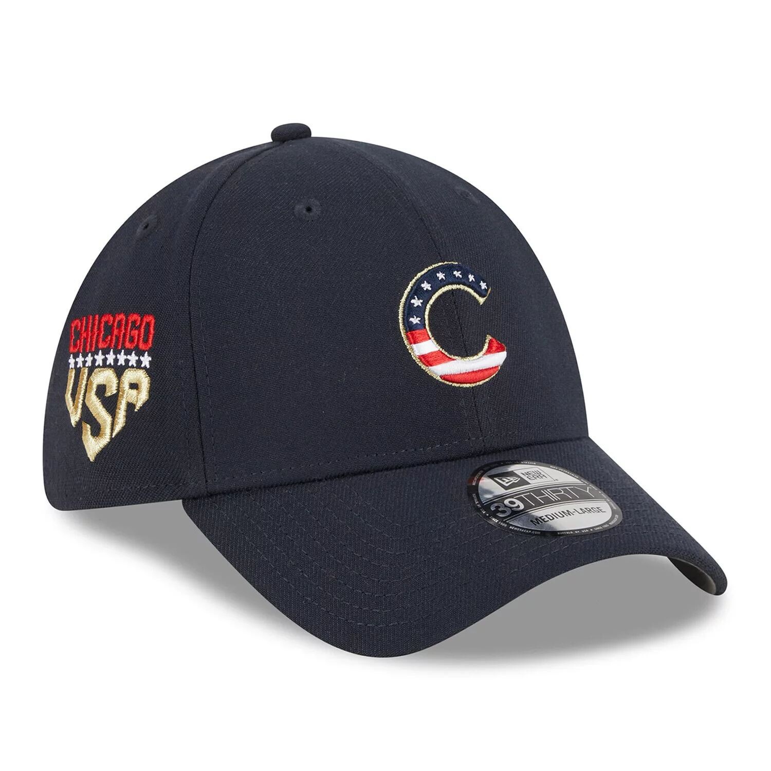 

Мужская кепка New Era Navy Chicago Cubs 4 июля 39THIRTY Flex Fit, 2023 г.