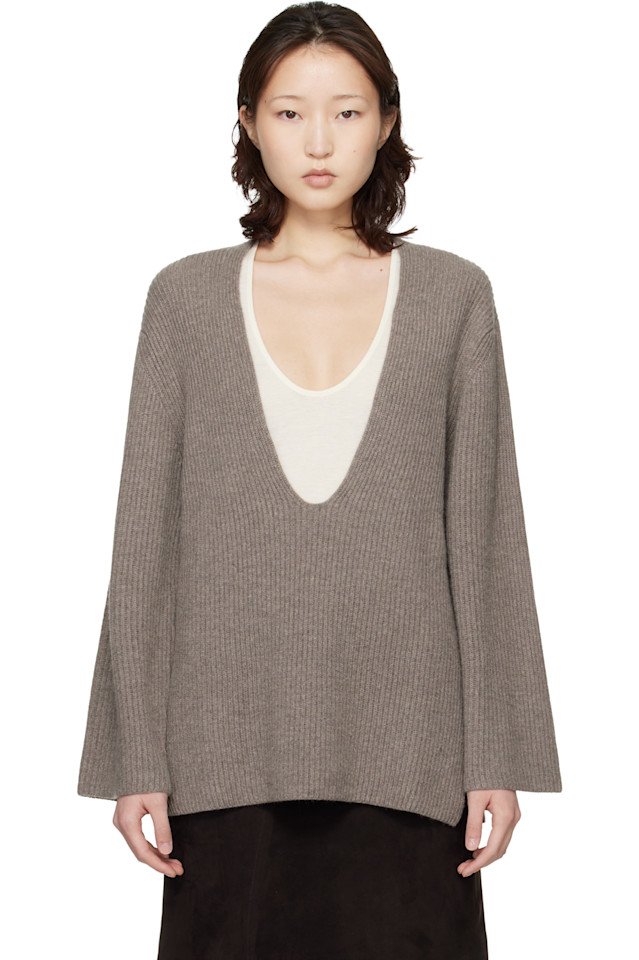 

Loulou De Saison Серый кашемировый свитер с U-образным вырезом и ребристой отделкой