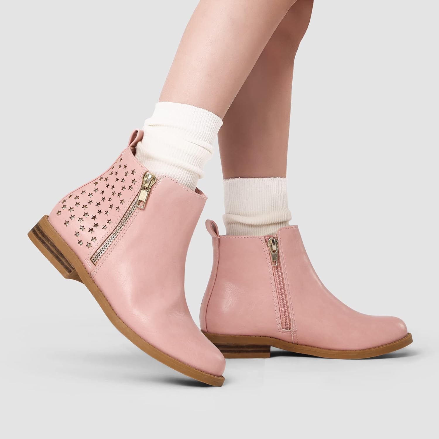 DREAM PAIRS Детские ботинки для девочек, модные ботильоны с блестящими звездами, боковая молния, низкий каблук, теплая обувь для малышей/младших детей/старших детей, Pink/Pu — фото 2