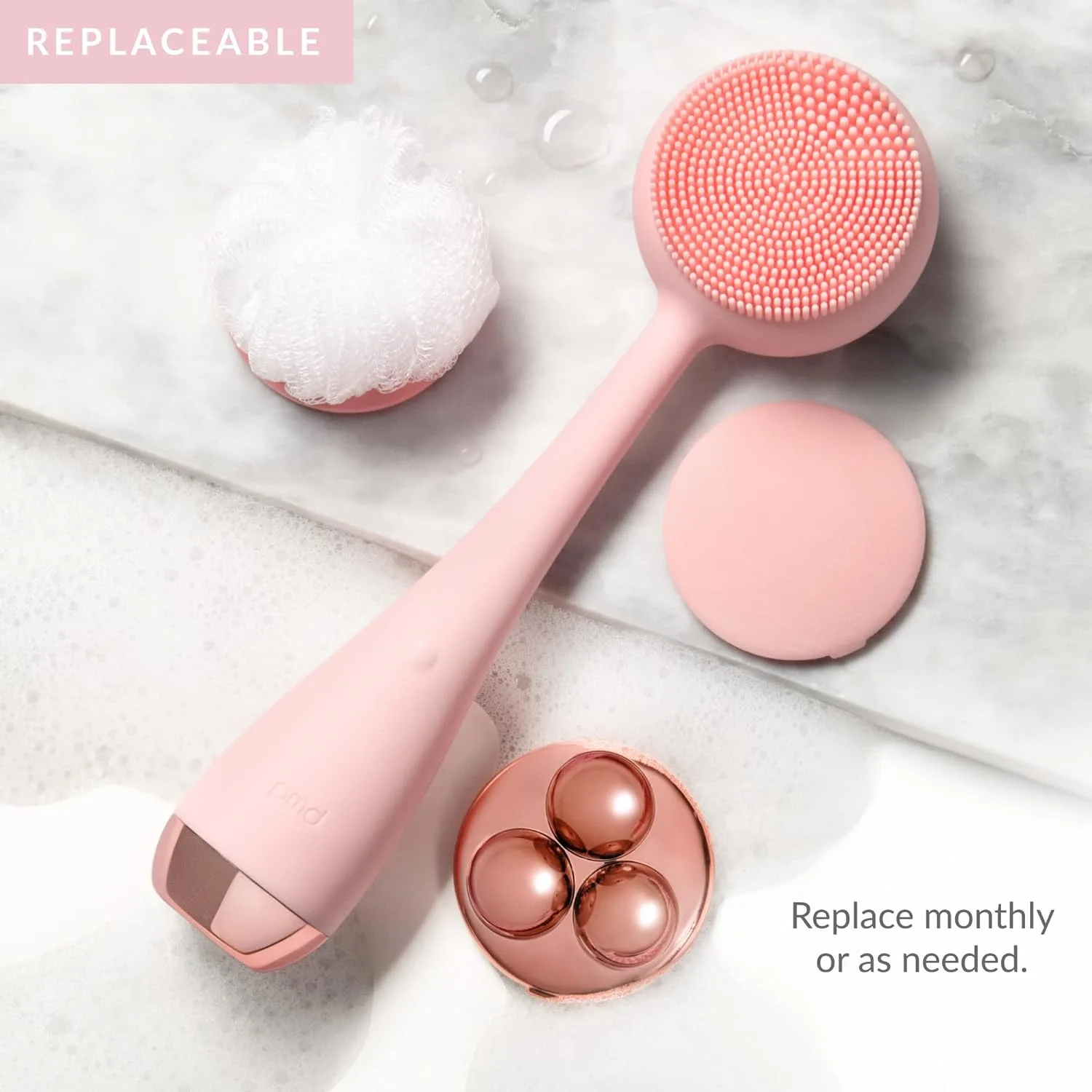 PMD Beauty Clean Body - Электрическое интеллектуальное устройство для очищения тела с силиконовой щеткой и тремя сменными насадками для очищения, отшелушивания и массажа., Blush Exfoliator Replacements — фото 4