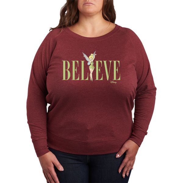 

Футболка с длинным рукавом Tinker Bell plus size Believe из французского футера Disney, цвет heather maroon