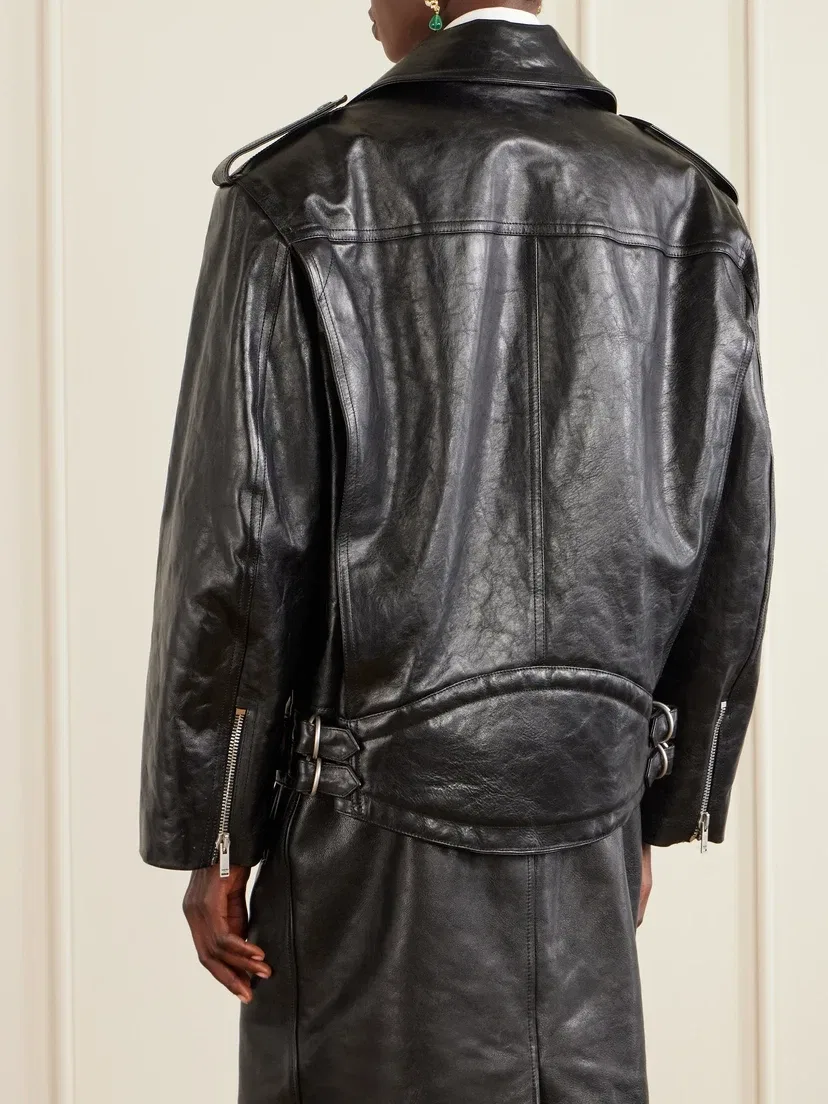 Байкерская куртка из глянцевой фактурной кожи SAINT LAURENT, черный — фото 4