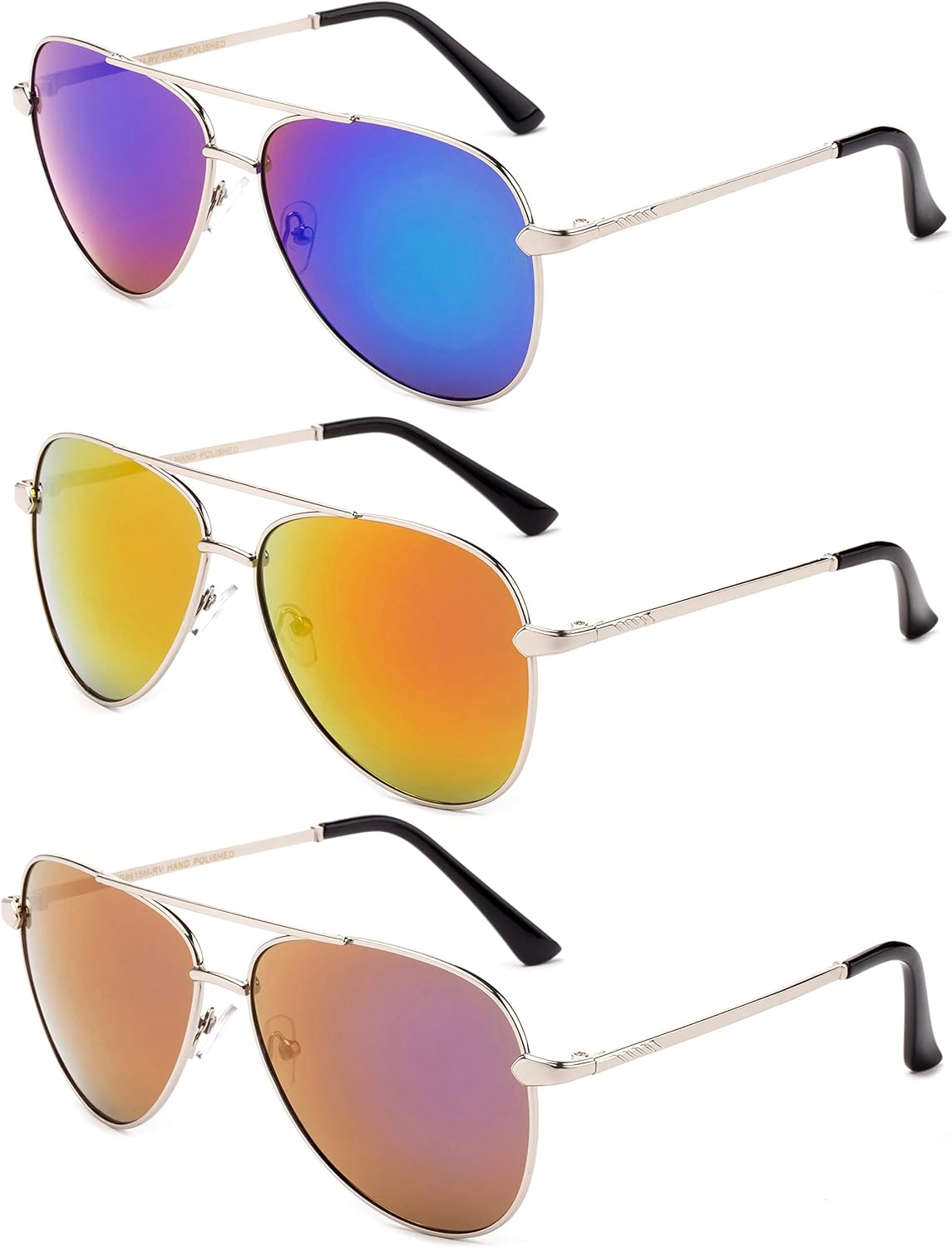 

Набор из 3 солнцезащитных очков-авиаторов Newbee Fashion в металлической оправе для мужчин и женщин, с зеркальными линзами и защитой от УФ-излучения UV400, 3 Pack Orange, Green & Purple