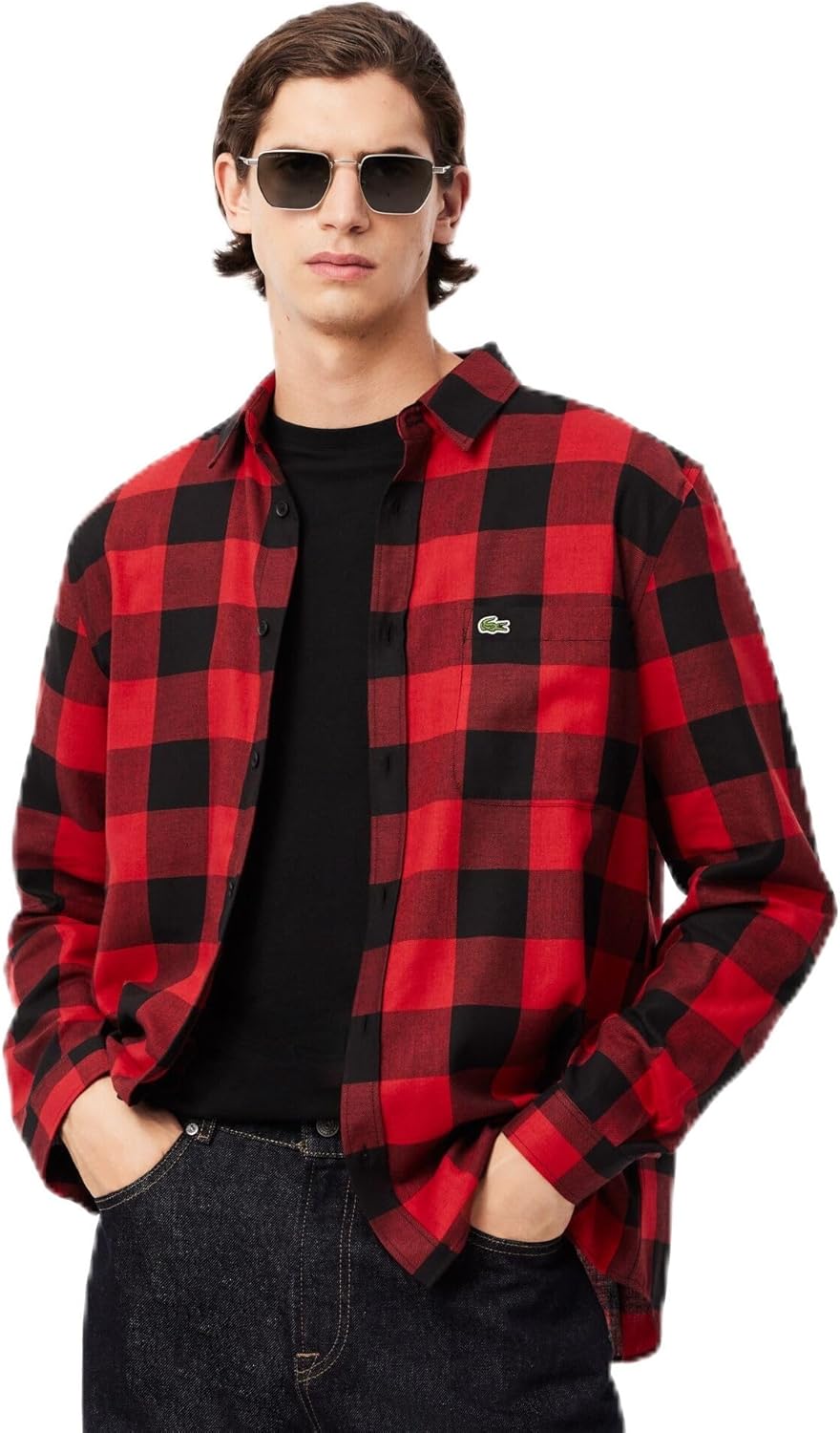 

Lacoste мужская длинная рубашка в клетку Gingham на пуговицах, Black/Red