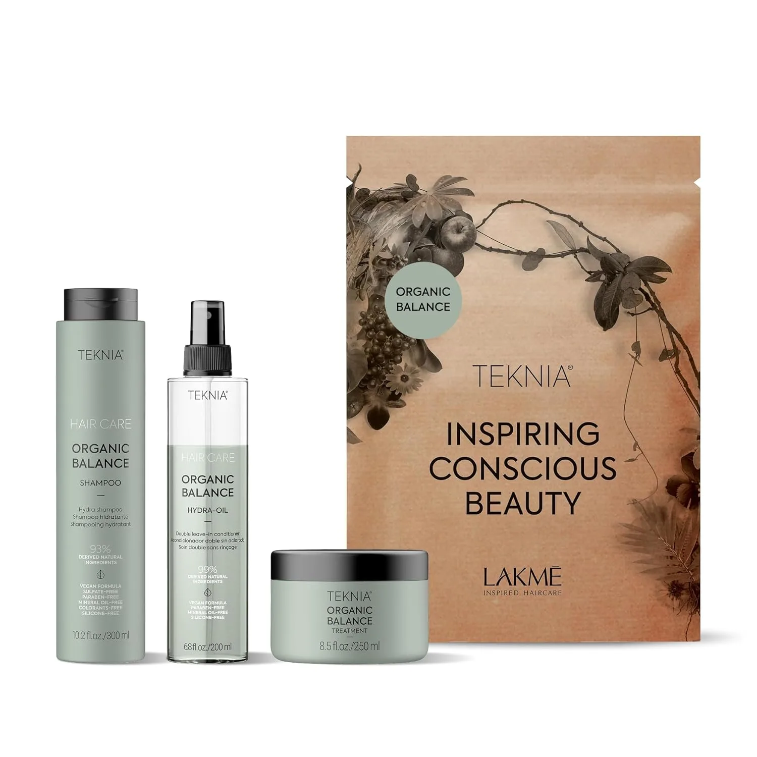 Набор Lakmé Teknia Organic Balance для розничной продажи - полноразмерные версии шампуня, средства для ухода и увлажняющего масла Organic Balance.