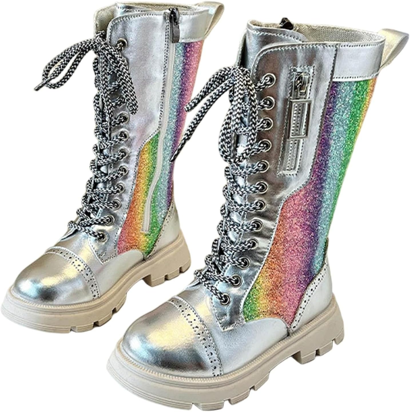 

Голографические лазерные ботинки Ctreela для девочек, блестящие, средней длины, с боковой молнией, шнуровкой, для маленьких и больших детей, серебро