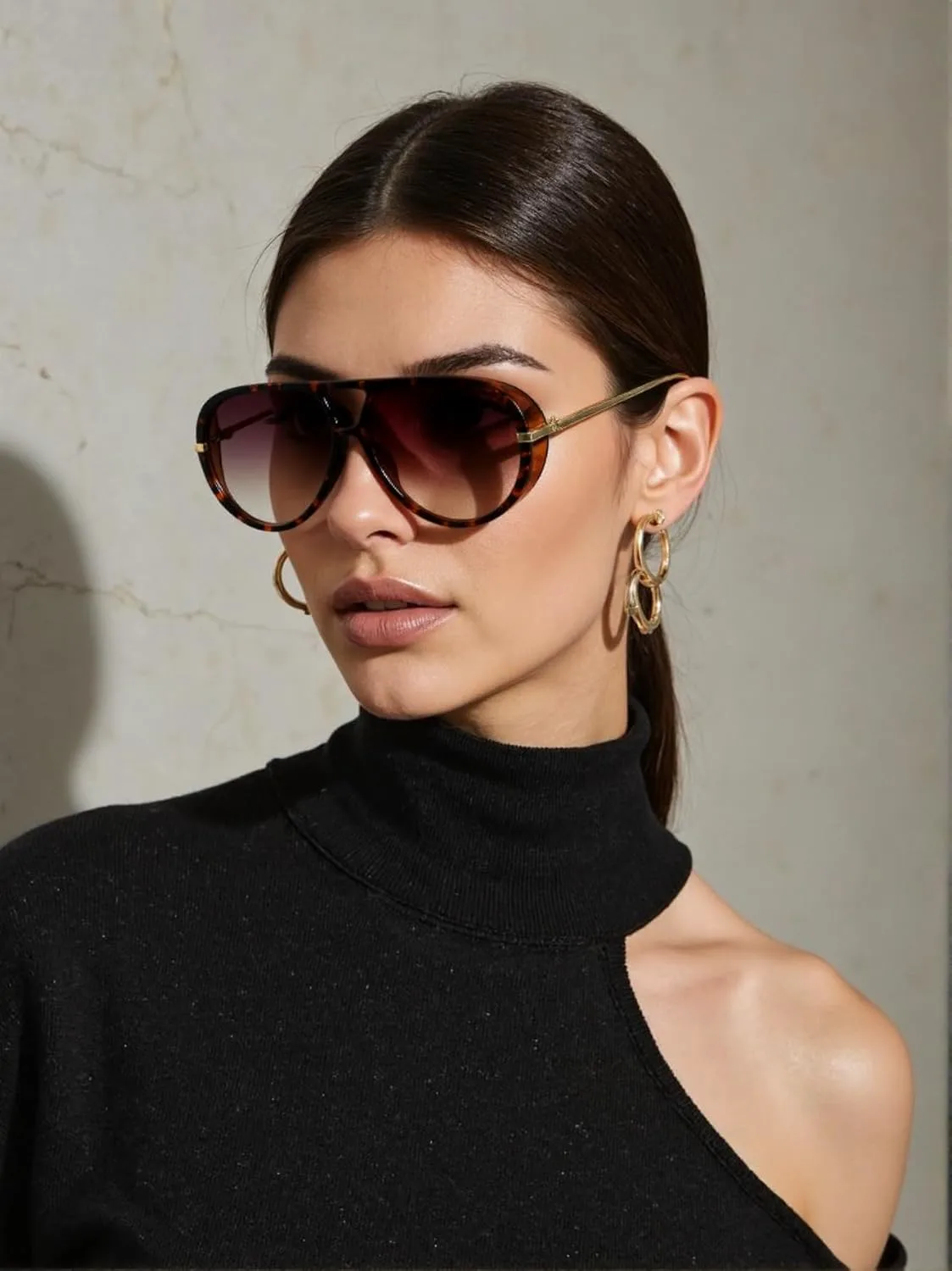 

Дизайнерские солнцезащитные очки-авиаторы большого размера для женщин, 2025 год, с двойной перемычкой и серьгами (в комплекте чехол и салфетка) Generic, Brown