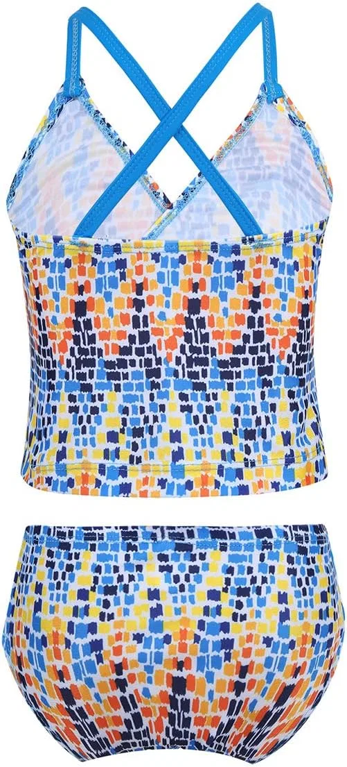 Детский купальник YiZYiF Big Girl's Youth Tie-Dye Tankini Halter 2 Piece Bathi Suit, Colorful Aqua — фото 2
