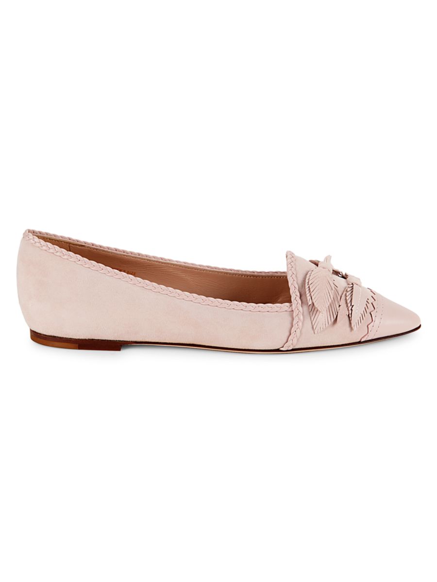 Замшевые балетки с острым носком и отделкой в виде листьев Tod's, цвет Light Pink