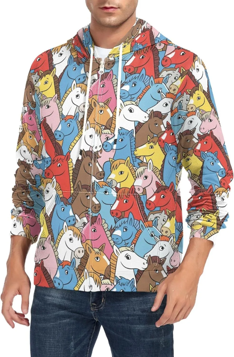 

Мужская толстовка с капюшоном на молнии, с принтом разноцветных лошадей и карманом CUPADA