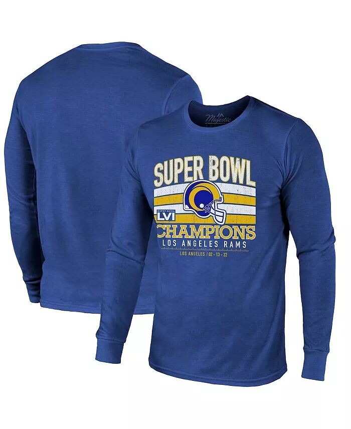 

Мужская футболка Threads Royal Los Angeles Rams Super Bowl LVI Champions Tri-Blend с длинным рукавом Majestic