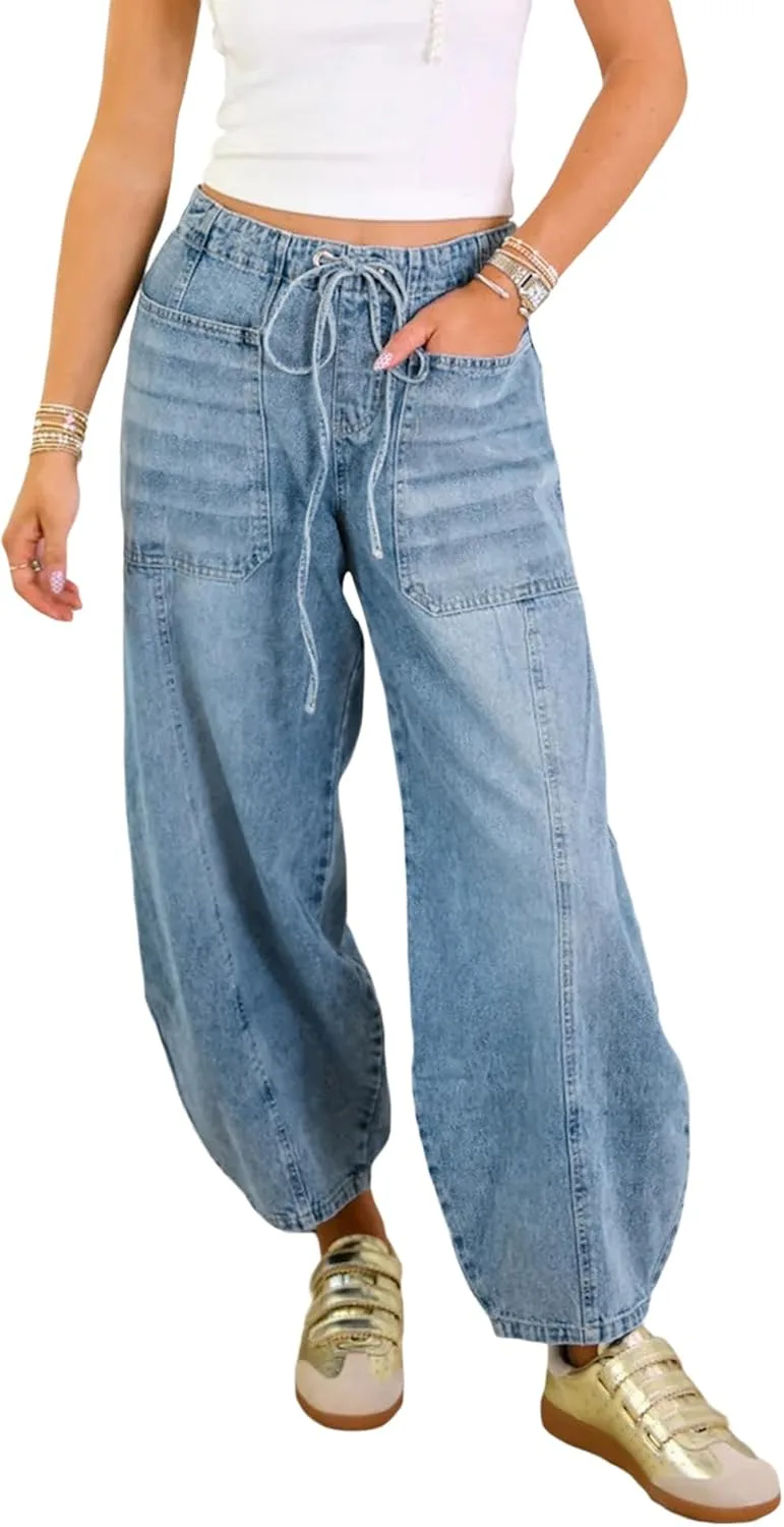 

Женские широкие джинсы с завязками на поясе