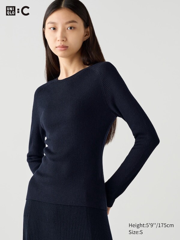 

Джемпер в рубчик 3d-вязки из смеси мериноса Uniqlo, синий