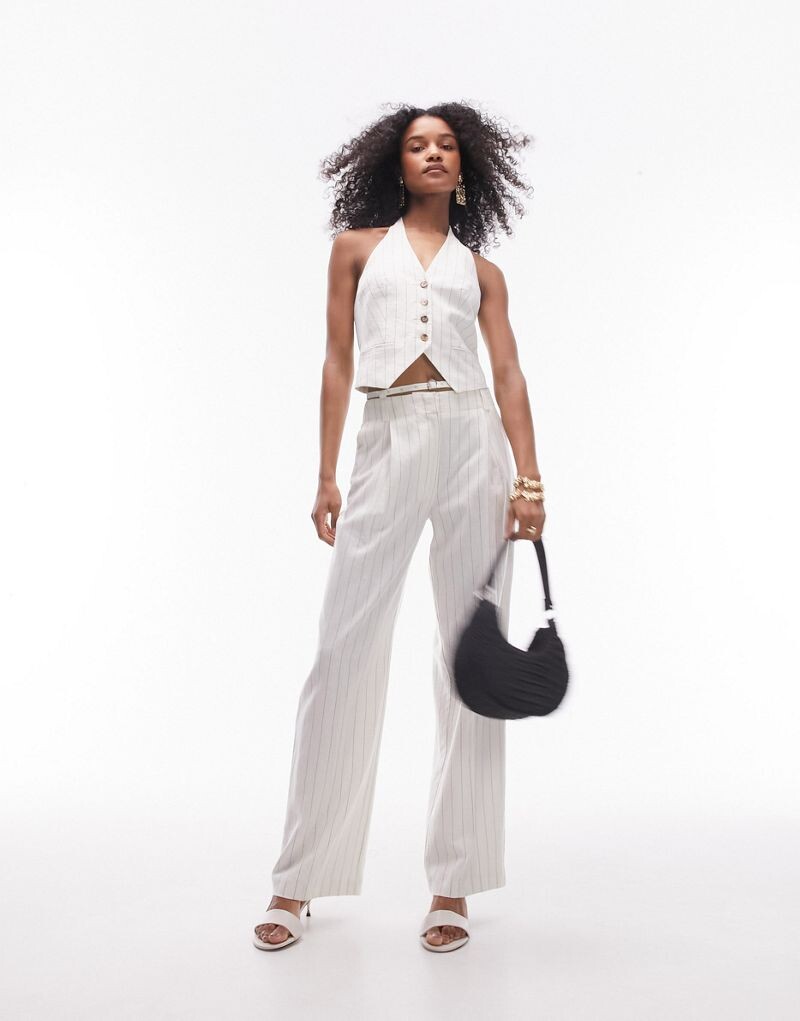 

Кремовые льняные брюки в полоску Topshop