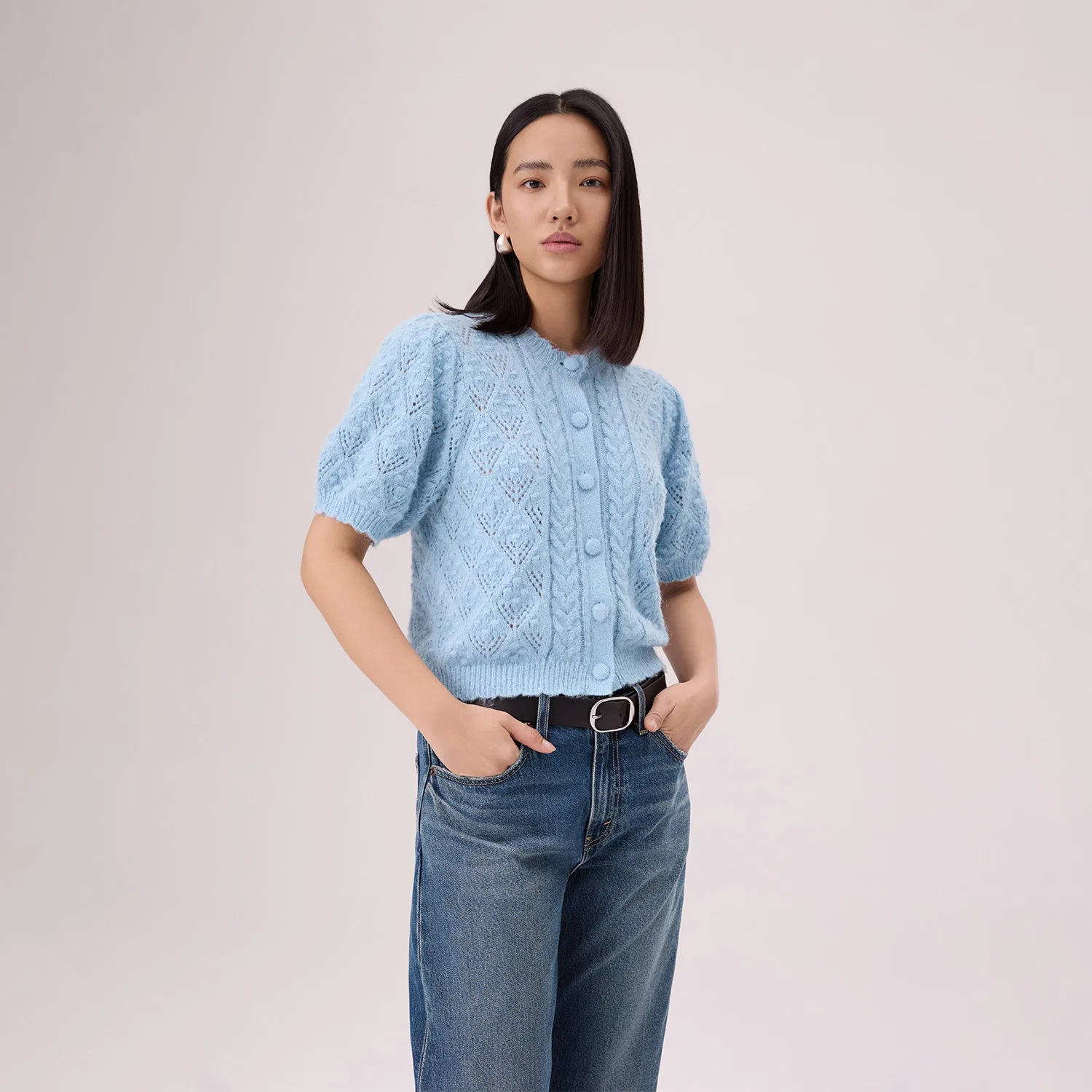 Кардиган женский тонкий с круглым вырезом, light blue, трикотаж Levis — фото 4