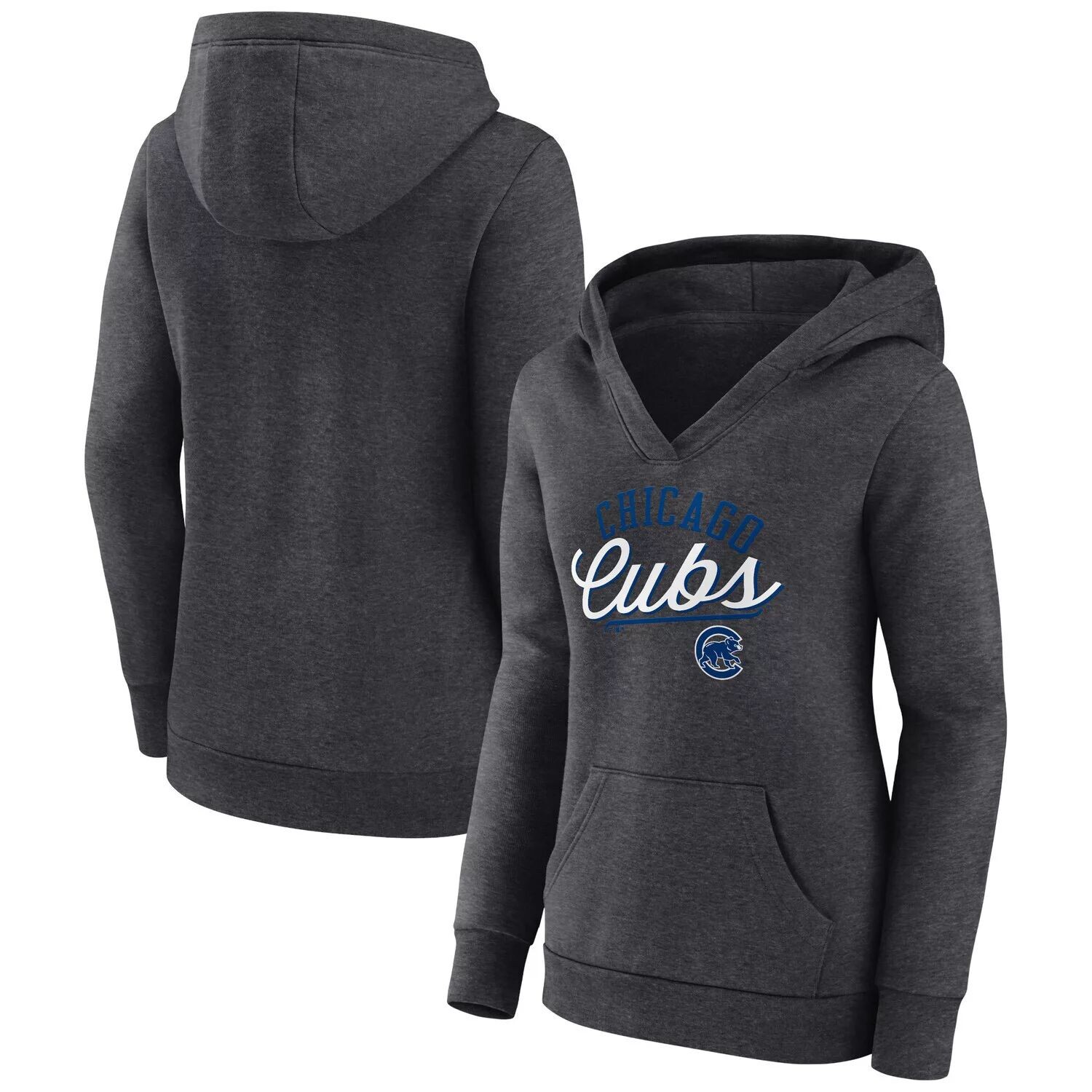 

Женский пуловер с капюшоном Fanatics Heather Charcoal Chicago Cubs Simplicity Crossover с v-образным вырезом Fanatics
