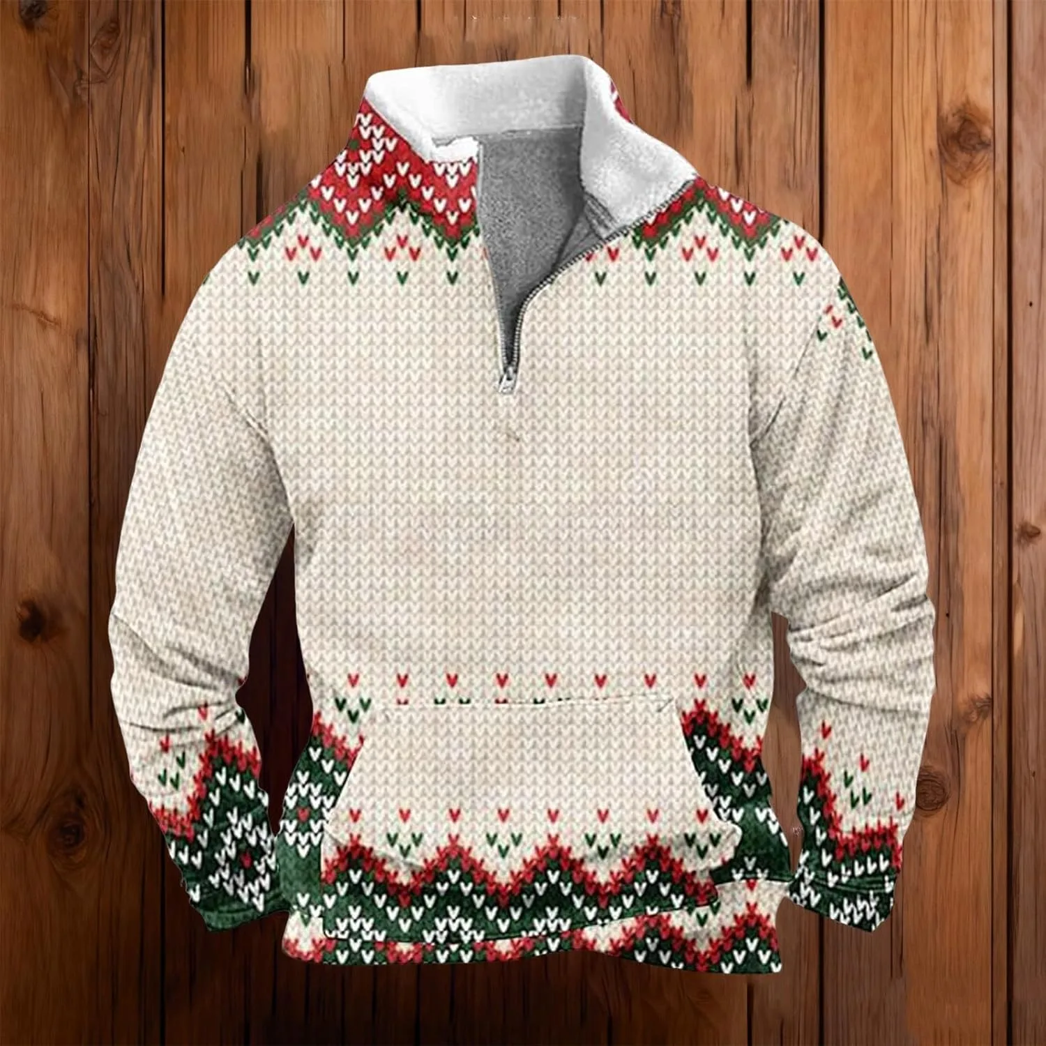 Мужской рождественский флисовый свитер 1/4 Zip с длинным рукавом и 3D принтом — фото 3
