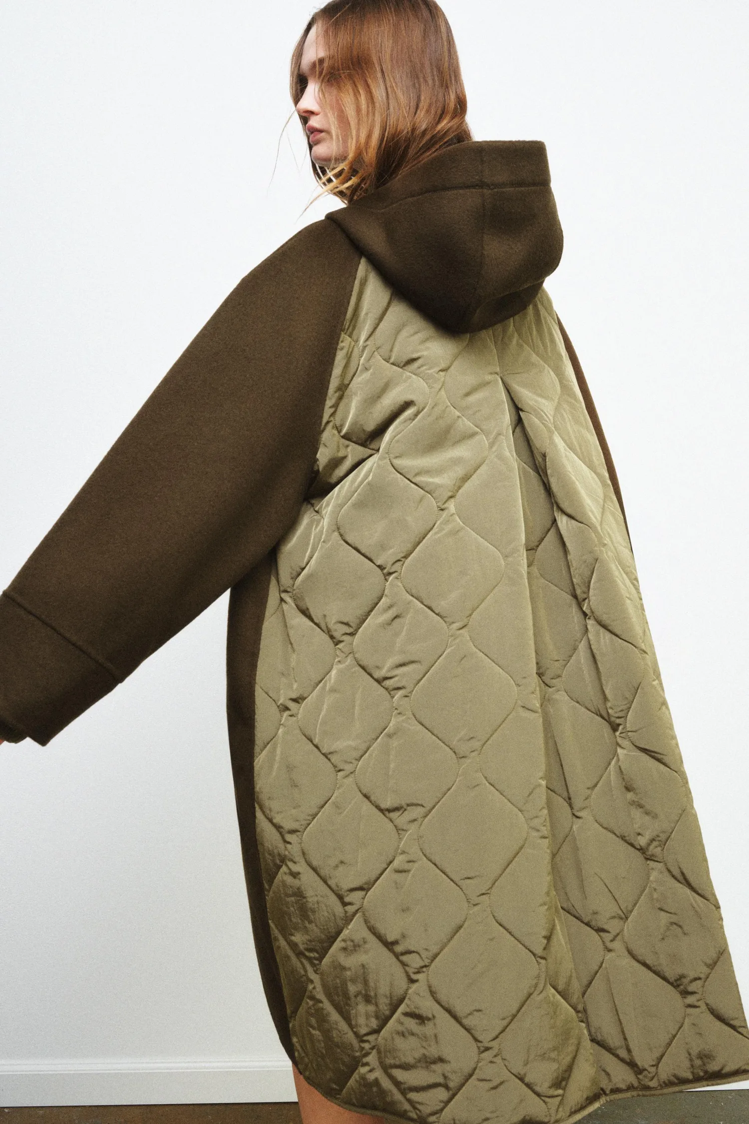 Комбинированная парка из шерсти, коллекция zw, лимитированная серия Zara, хаки — фото 4