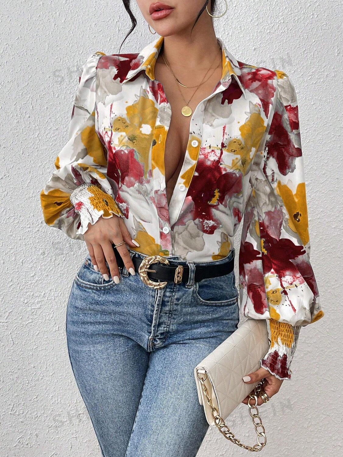 

Рубашка на пуговицах Shein Vcay с длинным рукавом и цветочным принтом, красный