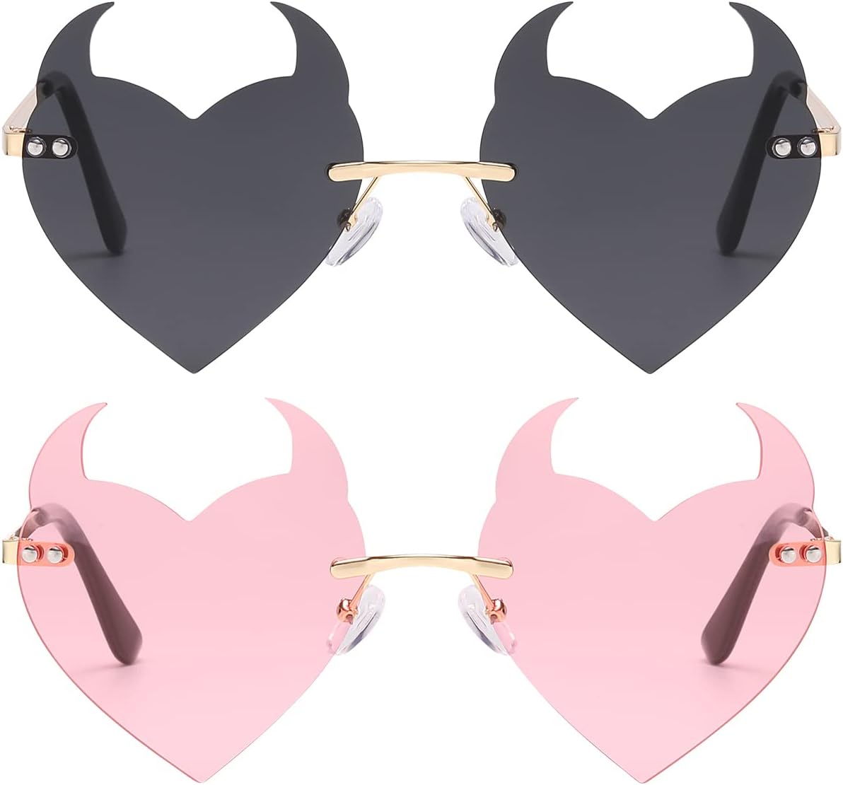 

BOJOD Готические солнцезащитные очки с рогами и сердцем для женщин, без оправы, в стиле панк 90-х, модные цветные солнцезащитные очки для вечеринок и фестивалей, Black and Pink