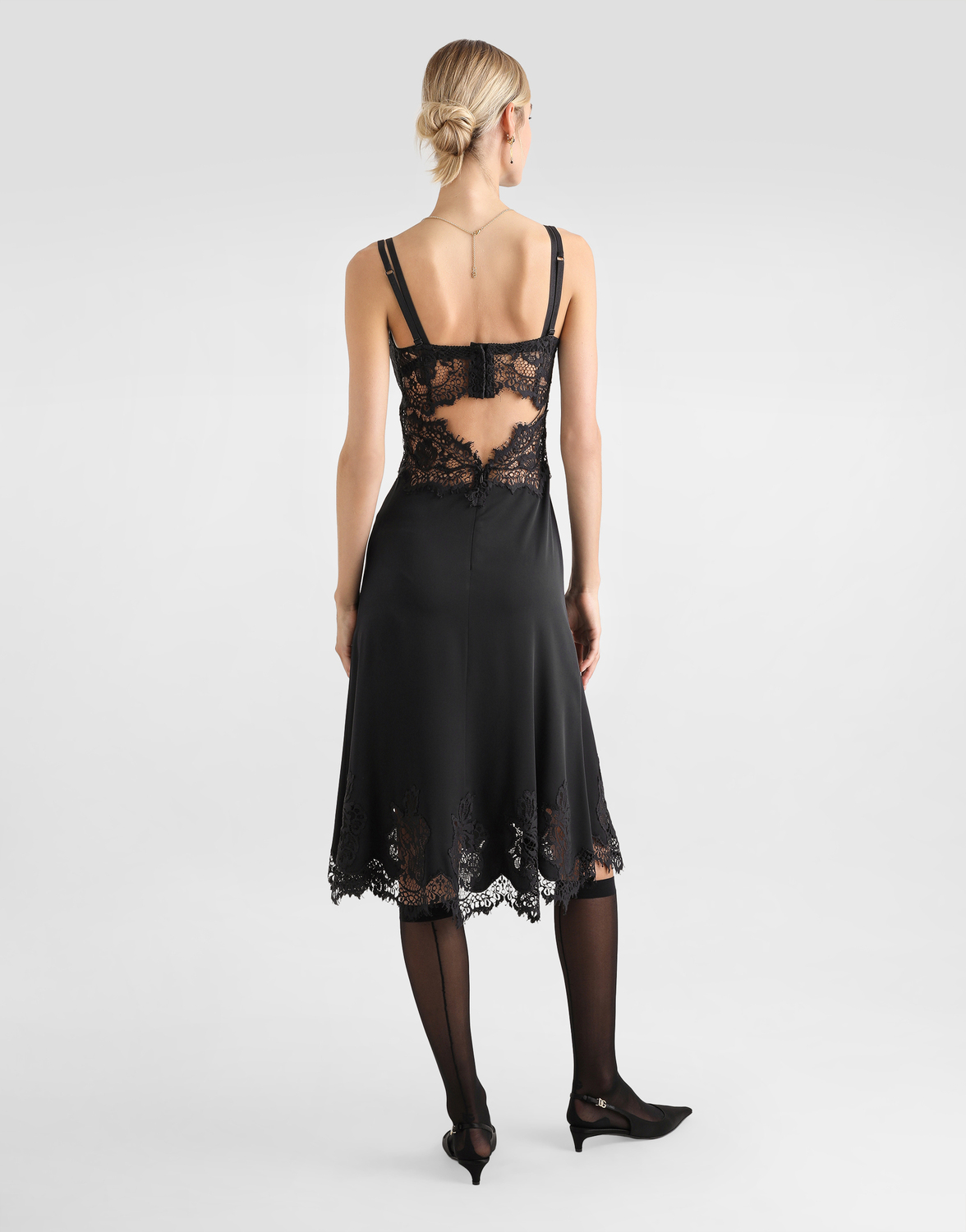 Кружевное и атласное комбинационное платье длиной до середины икры Dolce & Gabbana, черный — фото 3