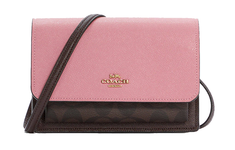 

COACH Женская кожаная сумка-пояс Trumpets с откидным клапаном, через плечо, коричневая, с монограммой и розовой ракушкой