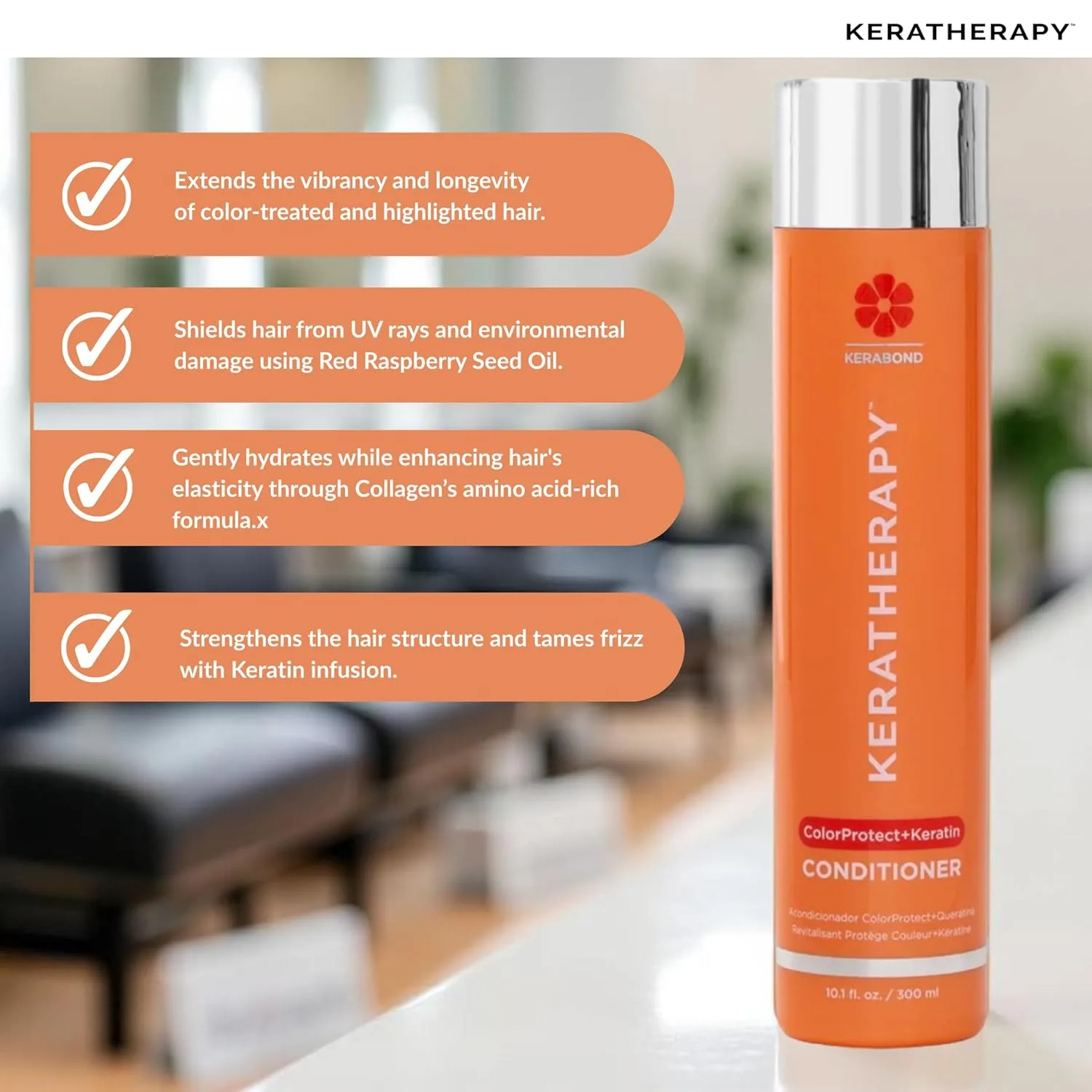 KERATHERAPY Кондиционер для защиты цвета с кератином, 300 мл, без глютена, с технологией Kerabond, маслом красной малины и омега-3 и 6 299 мл (.), red — фото 4