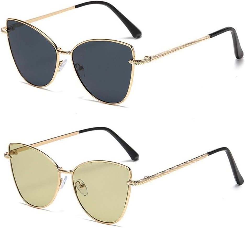 

Ретро металлические солнцезащитные очки в форме «кошачий глаз» в маленькой оправе для женщин, модные, в уличном стиле, декоративные, с защитой от УФ-излучения UV400 LOVQZAOF, 2pcs Gold Green