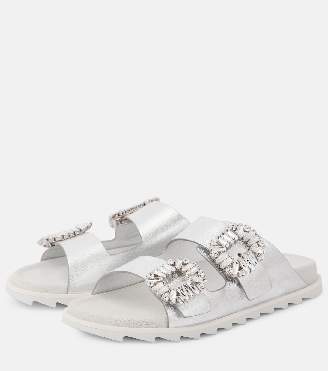Металлические кожаные шлепанцы, украшенные кристаллами Roger Vivier, серебряный — фото 4