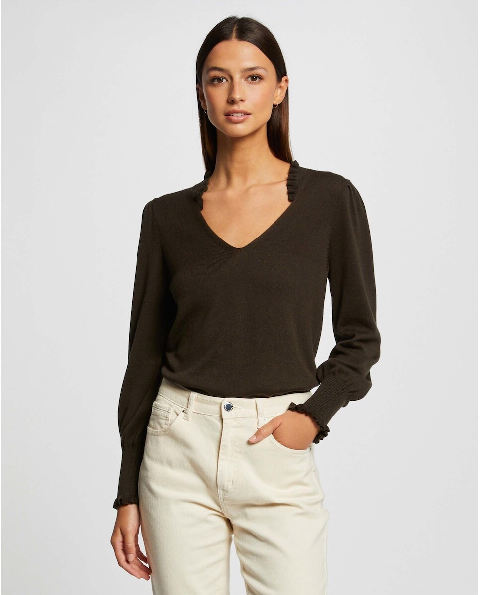 

Женский свитер с V-образным вырезом и рюшами Morgan, темно-зеленый