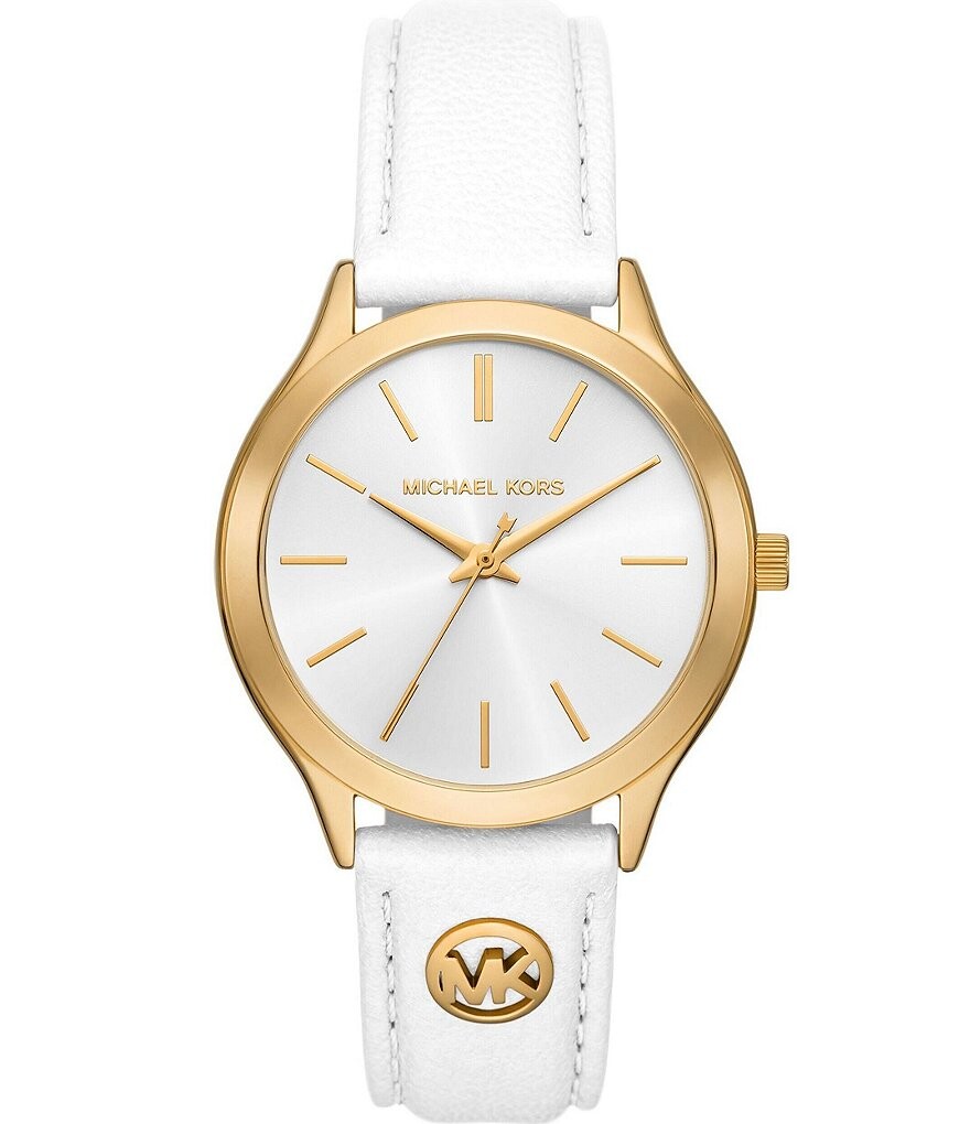 

Michael Kors Женские золотые тонкие часы с тремя стрелками и белым кожаным ремешком для подиума, белый