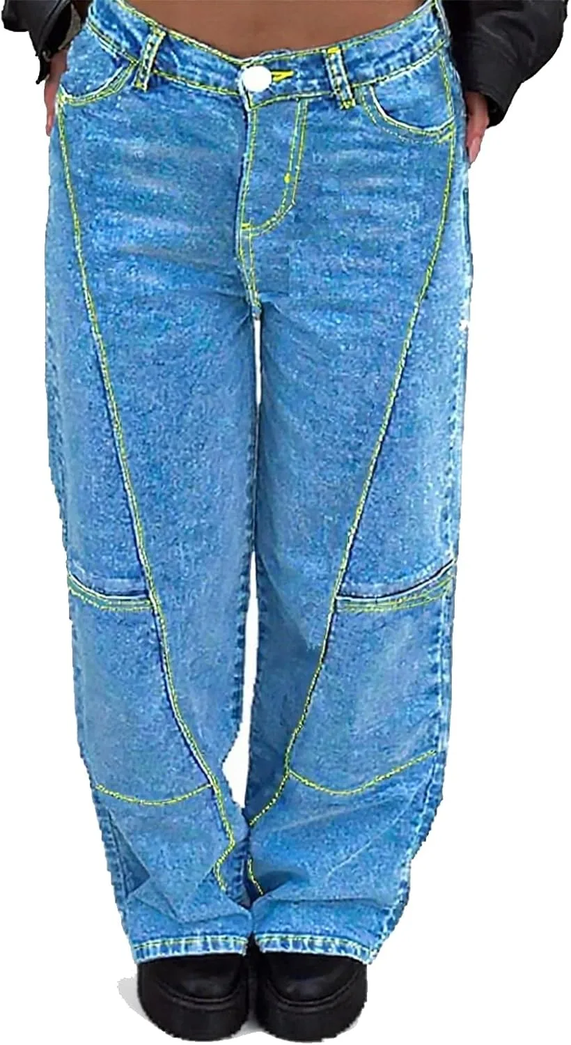 

Женские джинсы Baggy в светло-голубом дениме с неоново-желтой строчкой, High Waisted, Loose Fit QERINTE