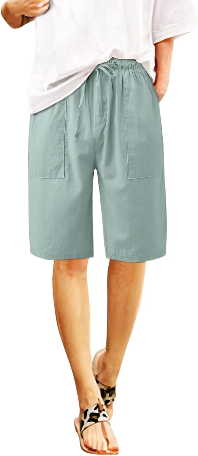 

Cotton Linen Shorts for Women Loose Fit Knee Length Bermuda Shorts Casual Wide Leg Elastic Waist Workout Pants with Pockets