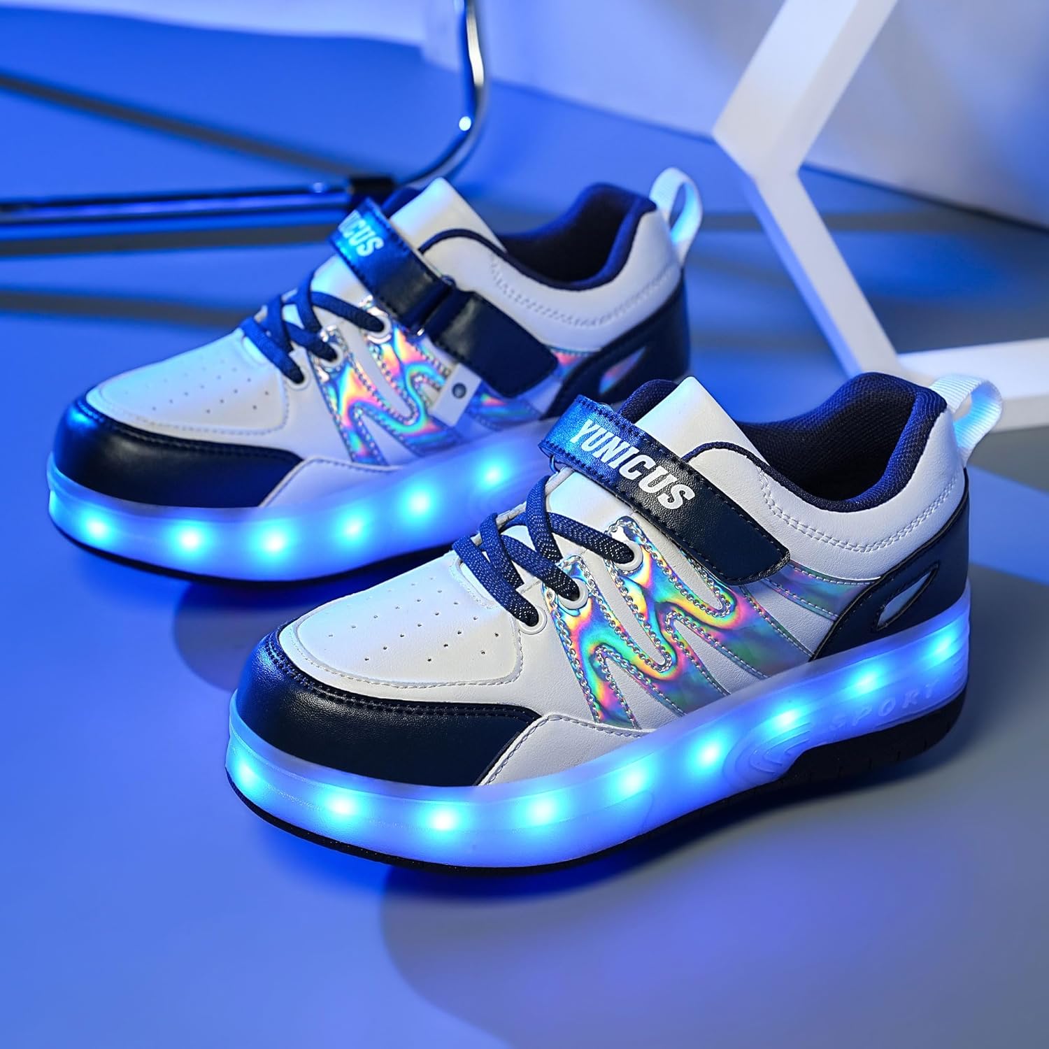 Детские светящиеся кроссовки YUNICUS с LED-подсветкой и колесами, роликовые кроссовки, кроссовки с USB-зарядкой для девочек и мальчиков, лучший подарок на день рождения, Хэллоуин, Рождество, белый — фото 3