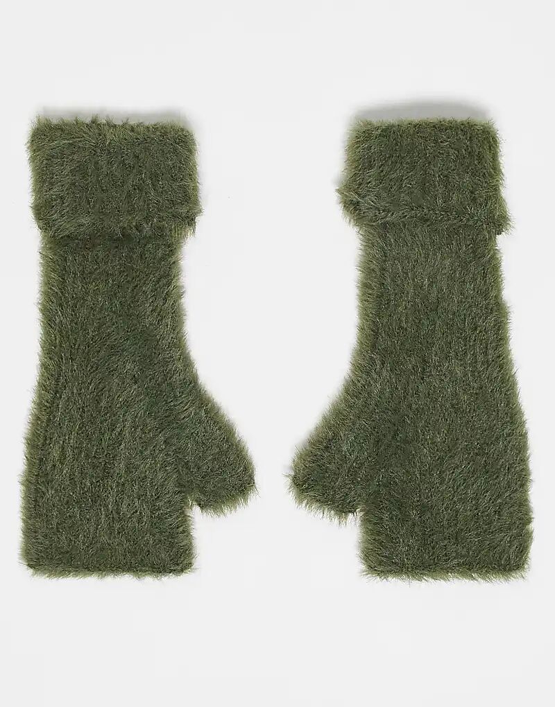 

Вязаные перчатки без пальцев ASOS DESIGN цвета хаки с ресничками