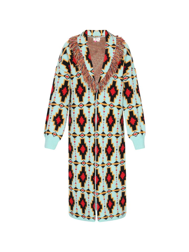 

Женский кардиган бирюзового цвета с разноцветными вставками IZIA