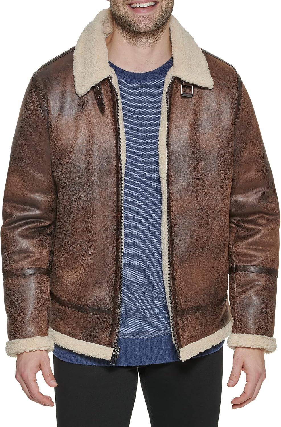 Мужская куртка Calvin Klein из искусственной кожи - бомбер с подкладкой из овчины, Shearling Lined Brown — фото 2