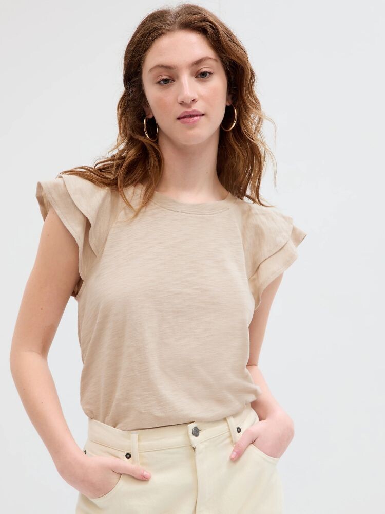 

Футболка с рюшами на рукавах Gap, бежевый