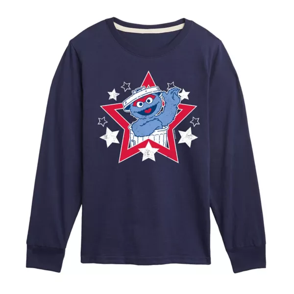 

Футболка с длинным рукавом и принтом «Улица Сезам» с изображением Оскара и американской звезды для мальчиков 8-20 лет Licensed Character, синий