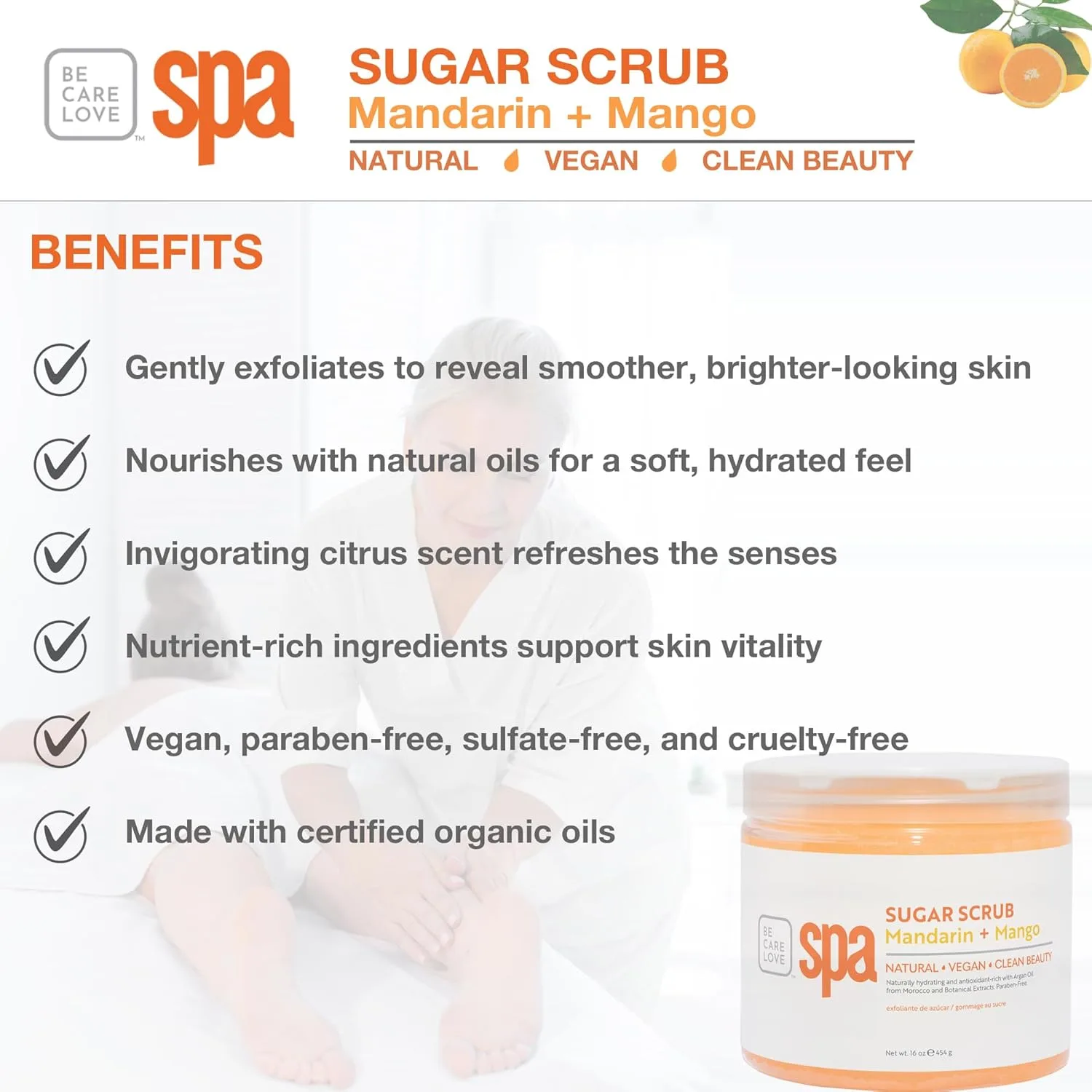 BCL Spa Mandarin Mango Sugar Scrub - Профессиональный отшелушивающий скраб для тела с органическими эфирными маслами, натуральный уход за кожей и телом, произведено в США, 450 мл 453.60 г (1 шт.) — фото 3