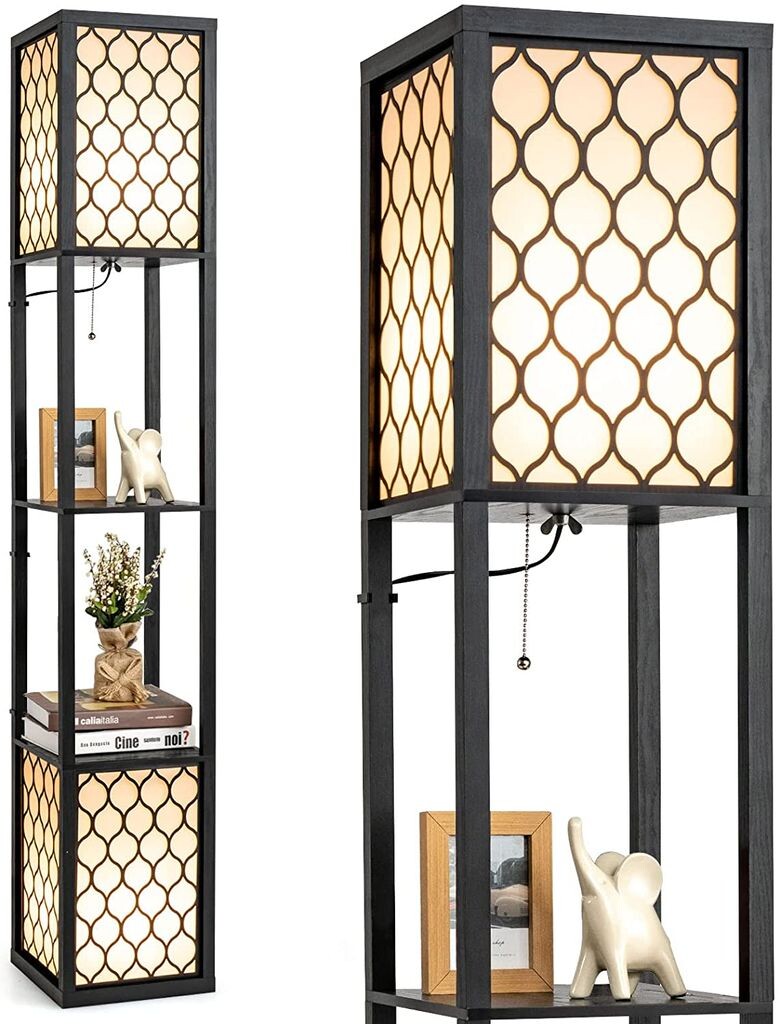 

Торшер COSTWAY полка 156 см, торшер дерево, торшер E27, современное внутреннее освещение с 3 уровнями, полочный торшер с вытяжной цепью и ножным выключателем, торшер для спальни и гостиной, черный