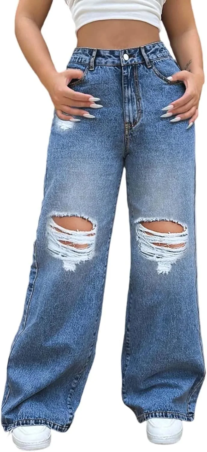 

Рваные джинсы женские, широкие, с высокой талией