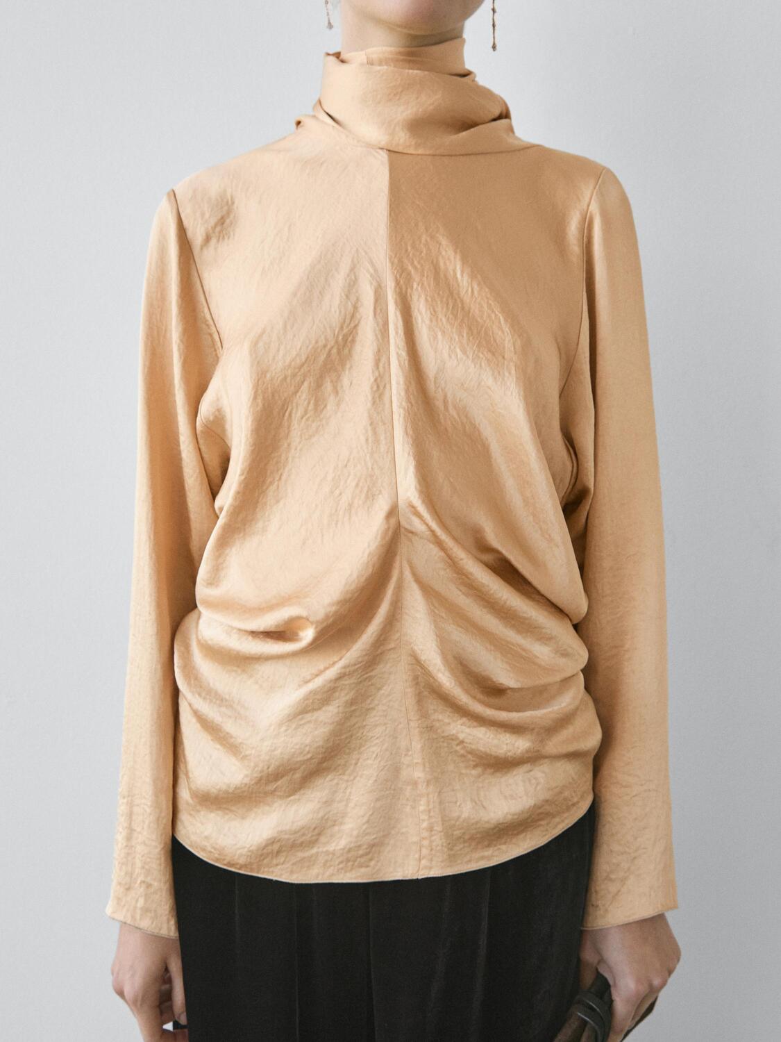 Летящая атласная блуза с завязками - Studio Massimo Dutti, beige — фото 3