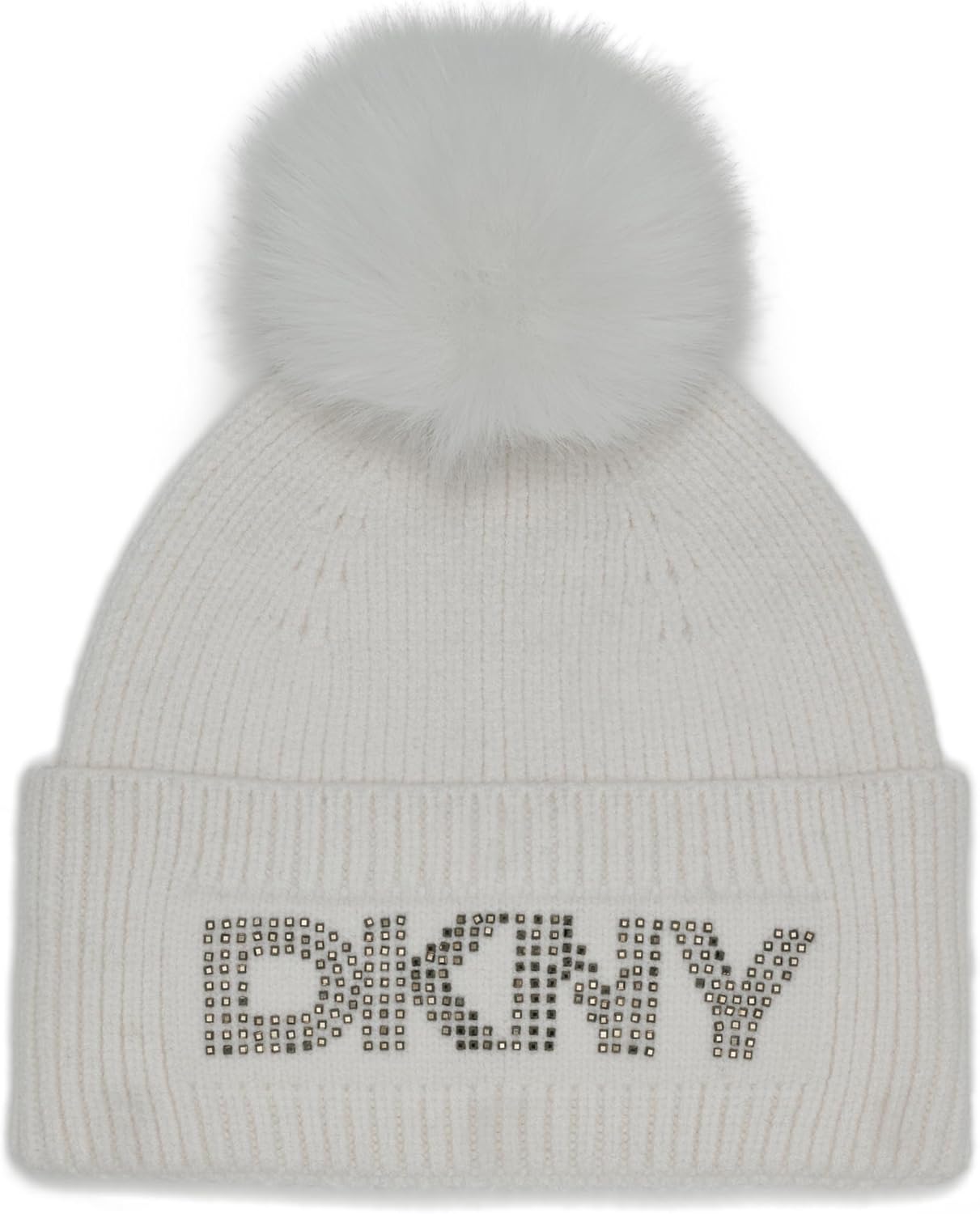 

Женская вязаная шапка-бини DKNY с логотипом, заклепками и помпоном из искусственного меха, Ivory