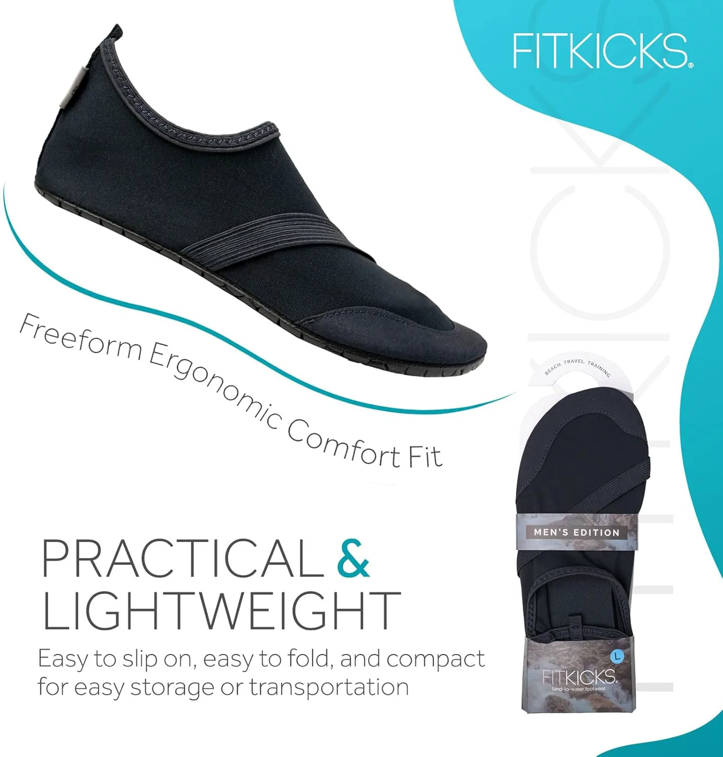Активная мужская обувь FITKICKS, складывающиеся водные туфли, черный — фото 3