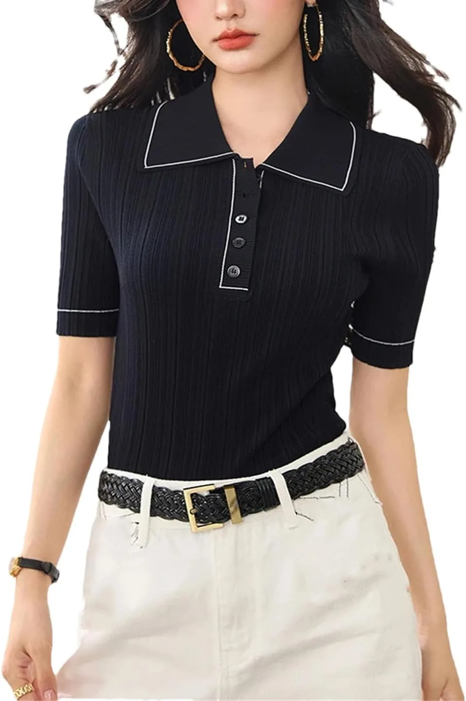 Женская футболка с контрастным воротником, короткий рукав, slim fit