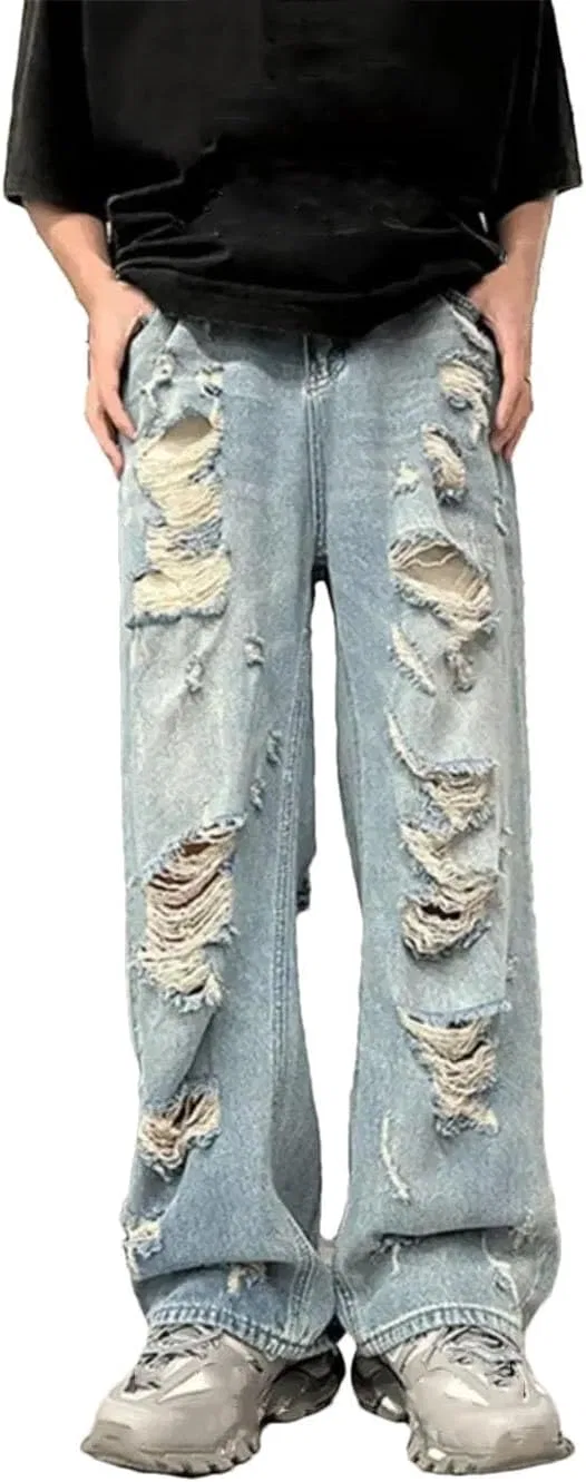 Джинсы прямые свободные высокие, Men's Denim Pants, синий